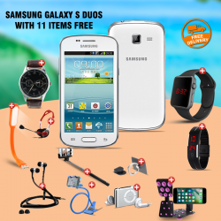 12 In 1 Bundle Offer, Samsung Galaxy S Duos S7562 R, Universal Rotating Phone Plate Holder, Portable USB LED Lamp, Zipper Stereo Wired Earphones, Ring Holder, Headphone, Mobile holder, Macra watch, Yazol watch, Selfie stick, Mp3 player, Led band watch